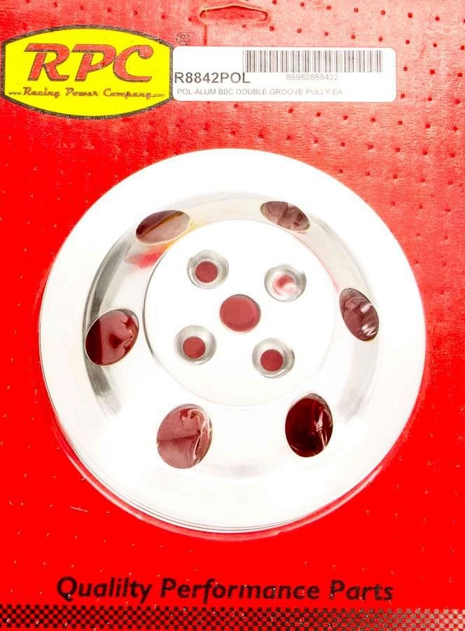 RPC Fits 1965-68 B/B Chev 396-454 with Short Water Pump Racing Power Company Polished Aluminium Water Pump Upper Pulley, Double Groove, 6.60" Dia, 1.75" Bolt SR