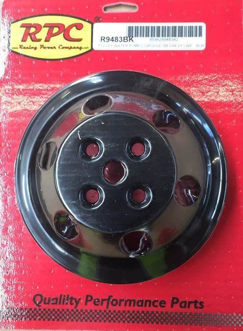RPC Fits 1965-85 S/B Chev 283-350 with Long Water Pump Racing Power Company Black Aluminium Water Pump Upper Pulley, Double Groove , 6.60" Dia, 2.30" Bolt C SR