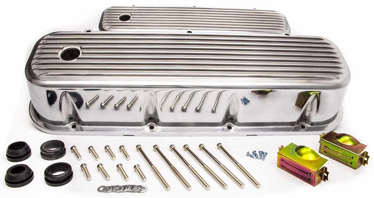 RPC Fits 1965-95 B/B Chev 396-427-454-502, Hardware Kit Included Racing Power Company Polished Aluminium Tall (4") Nostalgic Finned Valve Covers (Baffled) with Breath SR