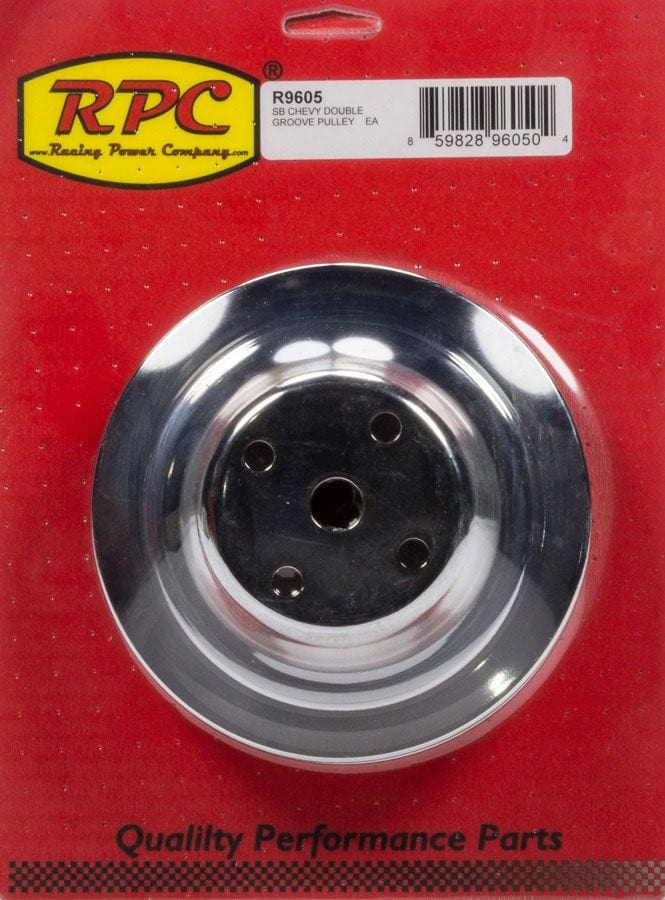 RPC Fits 1969-85 S/B Chev 283-350 with Long Water Pump Racing Power Company Chrome Steel Water Pump Upper Pulley, Double Groove 6.30" Dia, 2.30" Bolt Circle SR