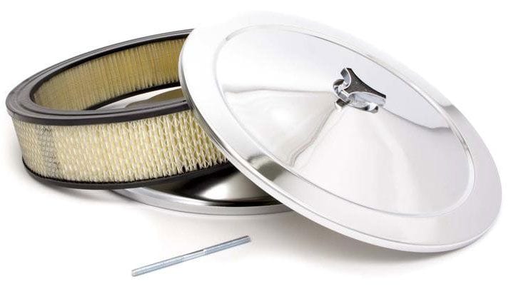 RPC Fits Single Quad Carburettors with 5-1/8" Neck, Steel Stud & Wing Nut Racing Power Company 14" x 3" Chrome Top Muscle Car Style Air Cleaner with Recessed Base & Paper Elem SR