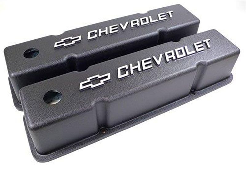 RPC Height of Valve Covers 3.875", Installed Oil Baffles, Made from High- Racing Power Company Black S/B Valve Covers with Bowtie " Chev Raised Logo RPCR6336 SR