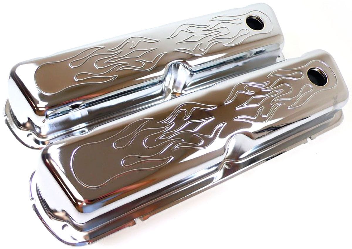 RPC Suit SB Ford 289-302-351 Windsor Racing Power Company Chrome Steel Flamed Valve Covers RPCR8237 SR