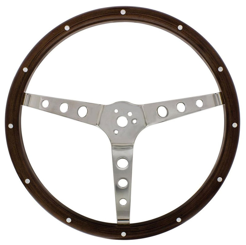 UPI Reproductions 15" Woodgrain Steering Wheel 3-Bolt 4" Dish, 304 Stainless UP110794