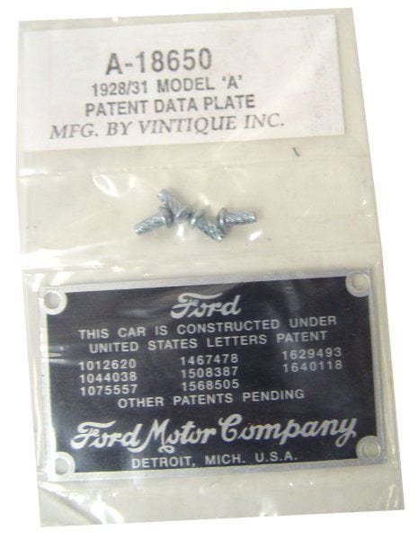 VINTIQUE Suit 1928-31 Ford Vintique Vintique Inc Firewall Patent Plate With Rivets VIA-18650 SR