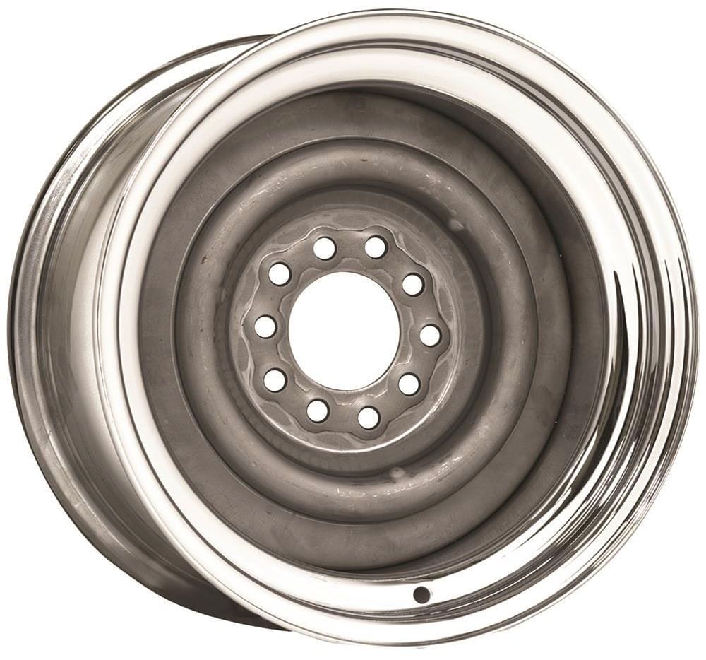 WHEELVINT 4-1/2 & 4-3/4" Bolt Circle With 3" Back Space Wheel Vintiques Chrome Outer, raw Primer Center Smoothie Steel Rim 15 x 5" WV13-551203 SR