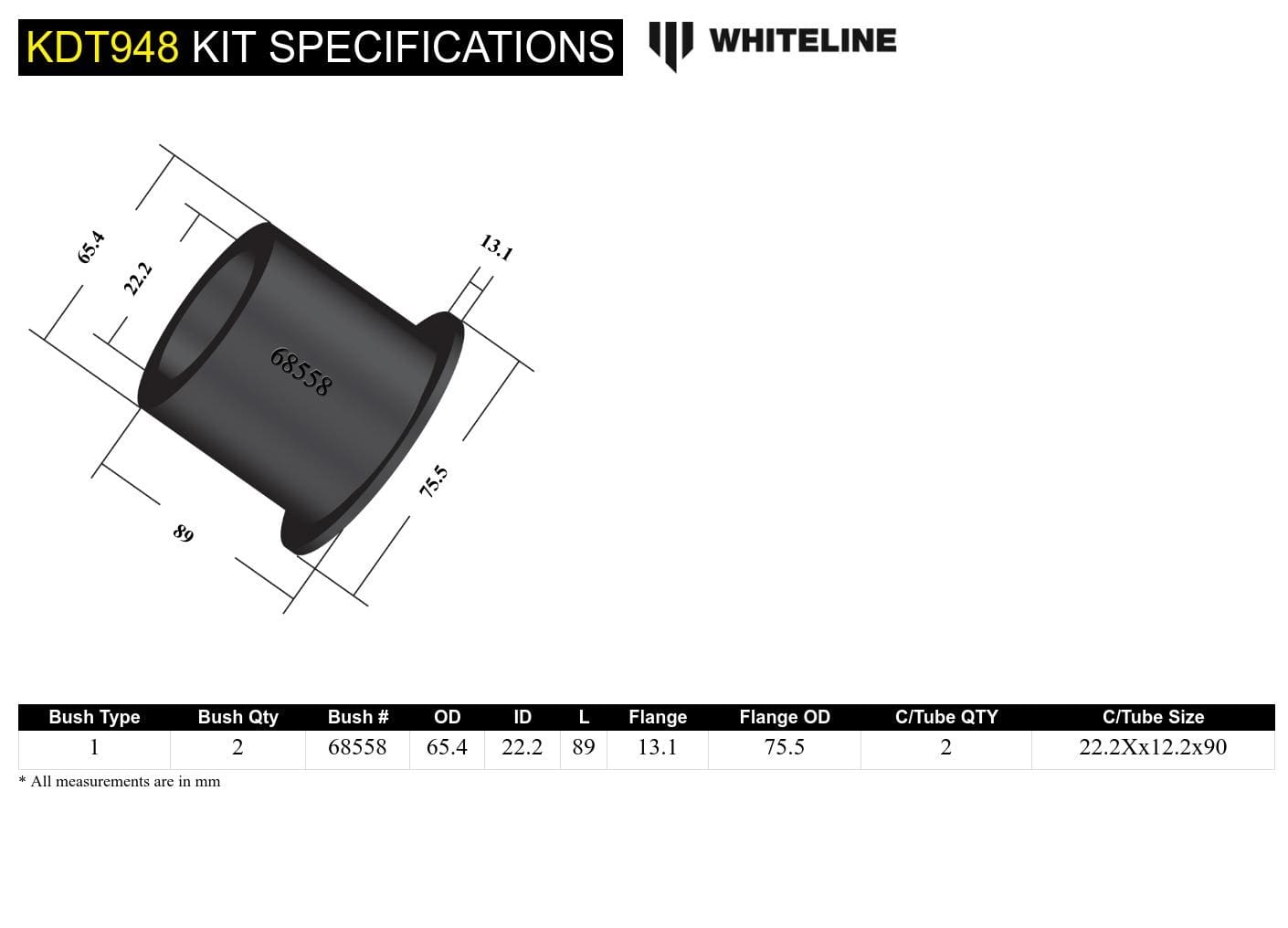 Whiteline 10 x 16 x 26 cm / 1 piece bushing design Rear Beam Axle - Bushing Kit to Suit Nissan Micra, Tiida and Renault Clio SR