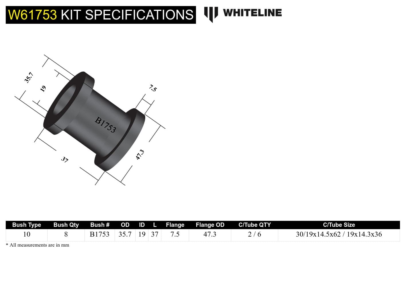 Whiteline 10 x 16 x 26 cm / 35.7mm OD Rear Control Arm - Bushing Kit to Suit Ford Capri, Laser and Mazda 323 SR