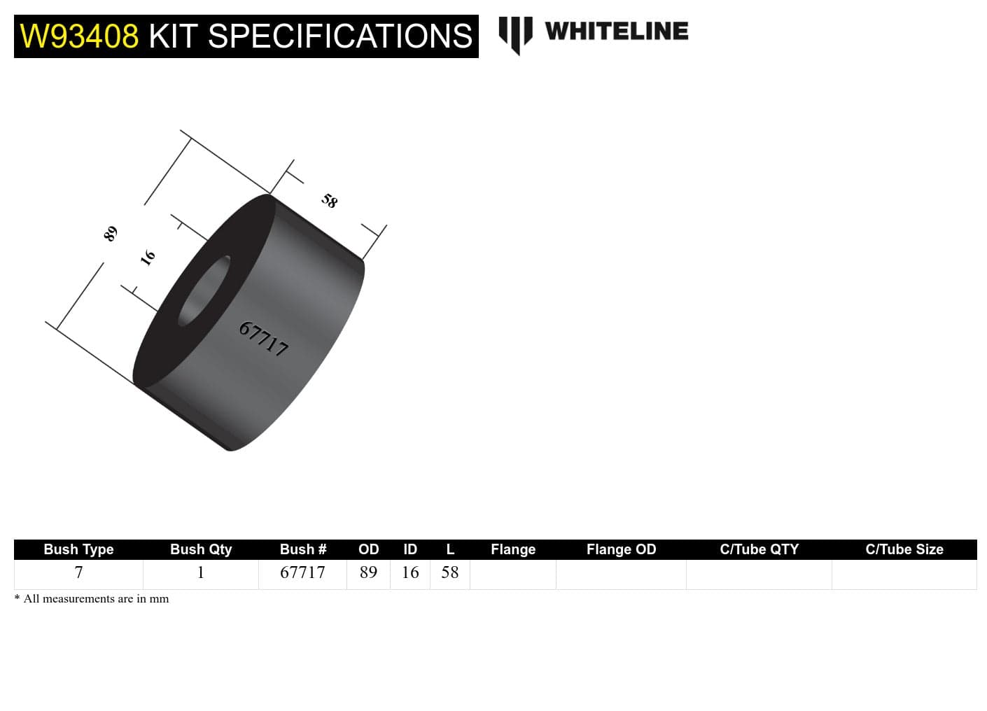 Whiteline 10 x 16 x 26 cm / 89.2mm OD Rear Differential Mount - Rear Bushing Kit 89.2mm OD to Suit Ford Falcon/Fairlane BA-FGX, Territory SX-SZ and FPV SR
