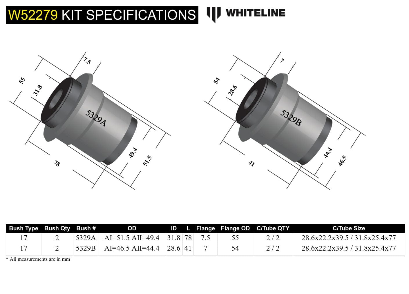 Whiteline 10 x 16 x 26 cm / Excludes models with OEM nylon washers Frnt Control Arm Upper - Bushing Kit to Suit Mitsubishi L300 and Starwagon SF-WA SR