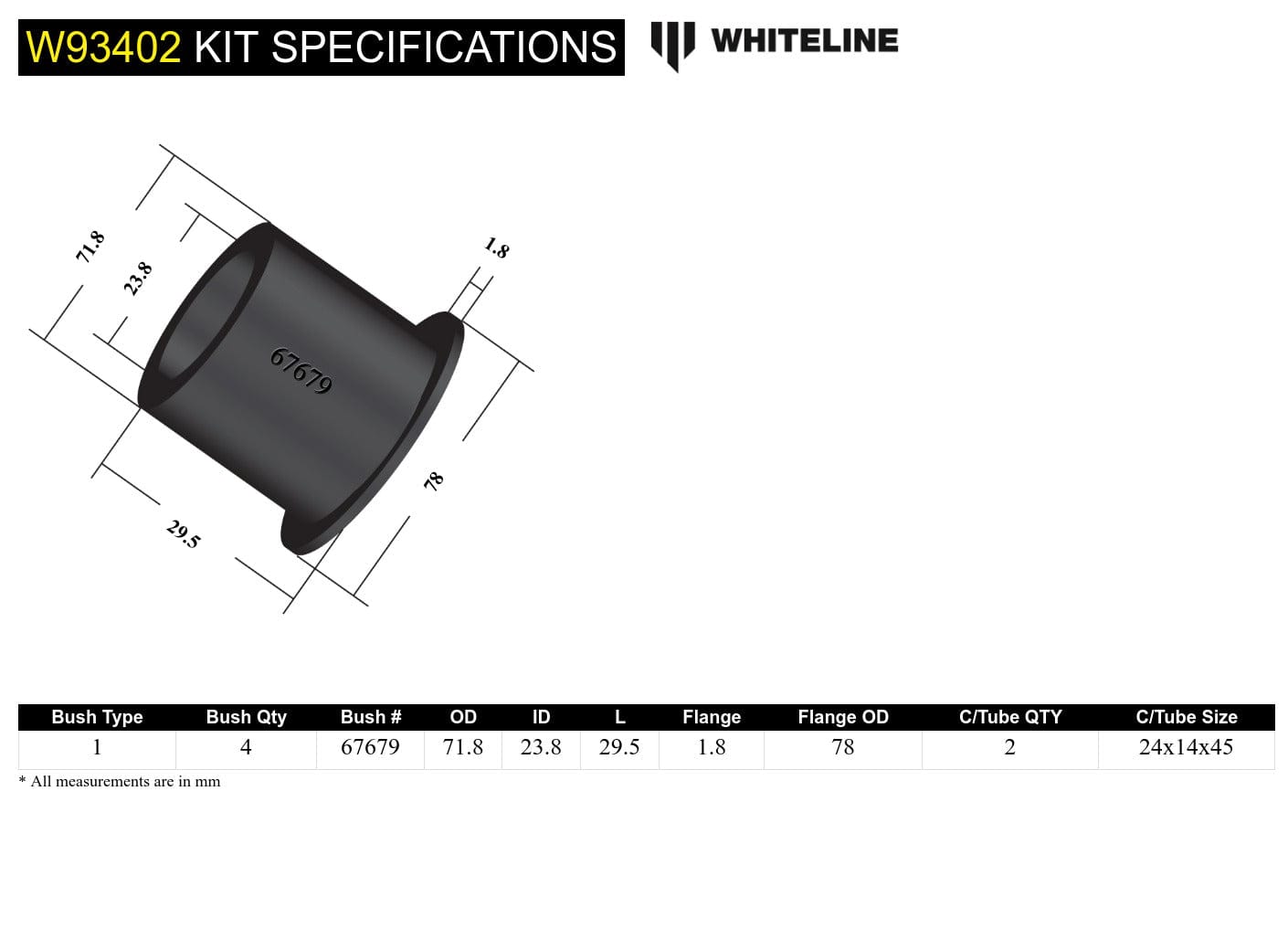 Whiteline 10 x 16 x 26 cm / Fitter friendly design - excludes models with 30mm extension on differential support on drivers side Rear Differential Mount - Front Bushing Kit to Suit Ford Falcon/Fairlane BA-FGX, Territory SX-SZ and FPV SR