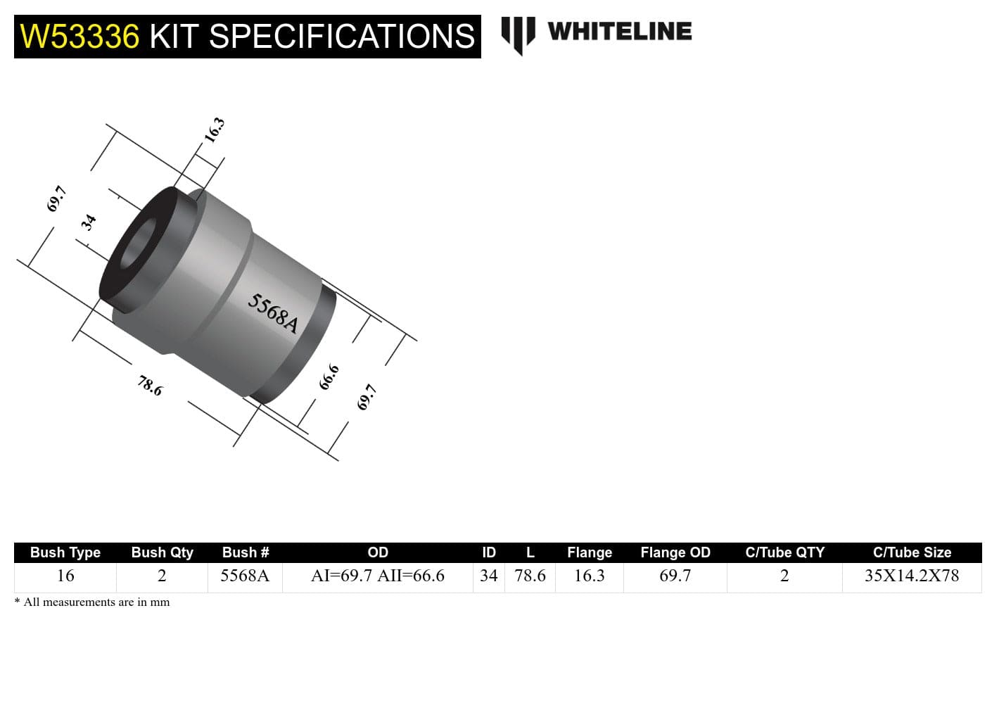 Whiteline 10 x 16 x 26 cm Front Control Arm Lower - Bushing Kit to Suit Chrysler 300C and Dodge Challenger SR