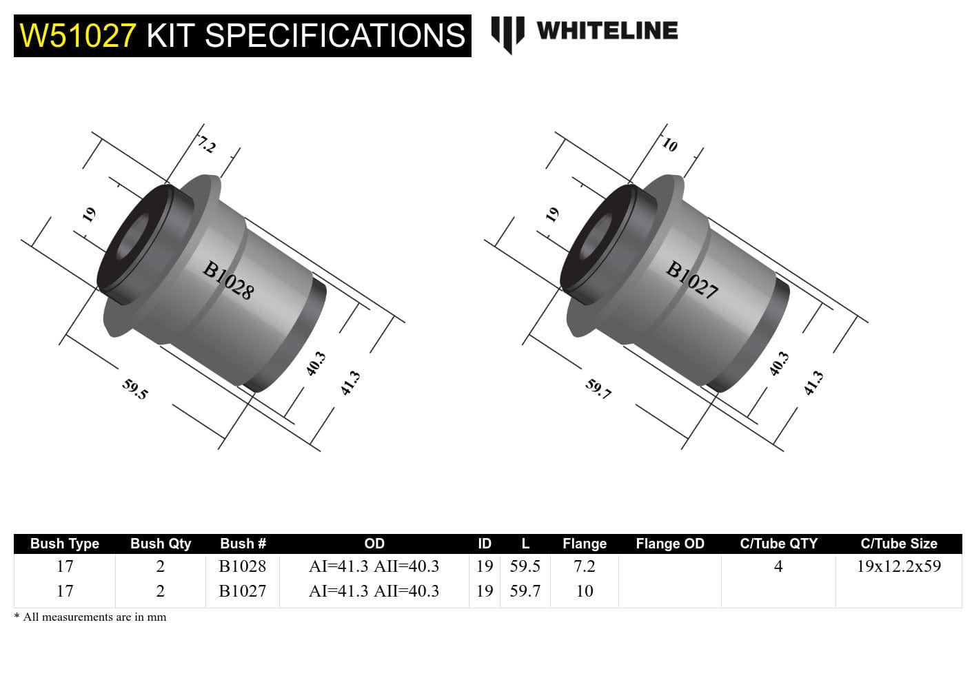 Whiteline 10 x 16 x 26 cm Front Control Arm Lower - Bushing Kit to Suit Holden Gemini TX, TC, D, TE, TF, TG SR