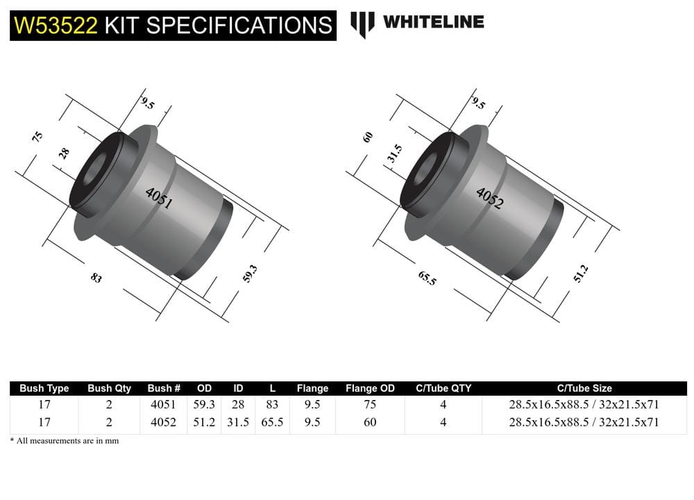Whiteline 10 x 16 x 26 cm Front Control Arm Lower - Bushing Kit to Suit Toyota Prado 150 Series and FJ Cruiser GSJ15 SR