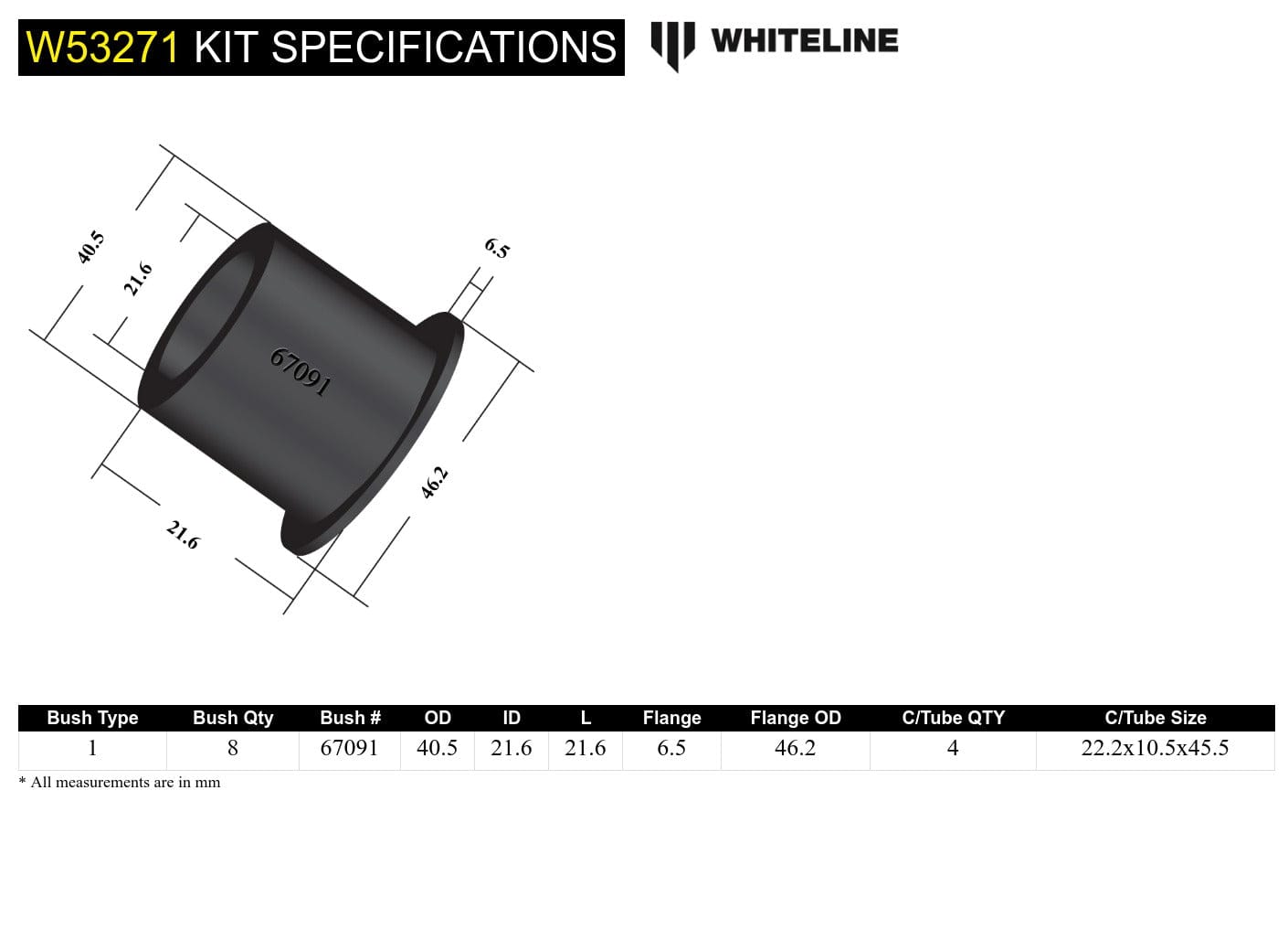 Whiteline 10 x 16 x 26 cm Front Control Arm Upper - Bushing Kit to Suit Hyundai Sonata NF and Grandeur TG SR