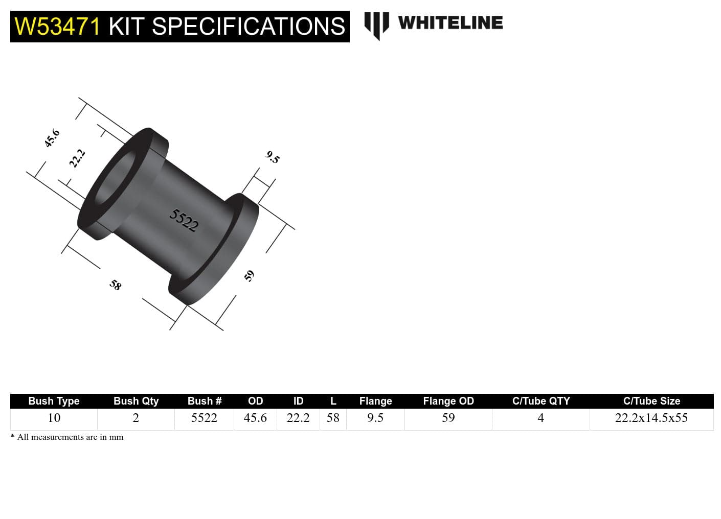 Whiteline 10 x 16 x 26 cm Front Control Arm Upper - Bushing Kit to Suit Mitsubishi Pajero NM-NX SR