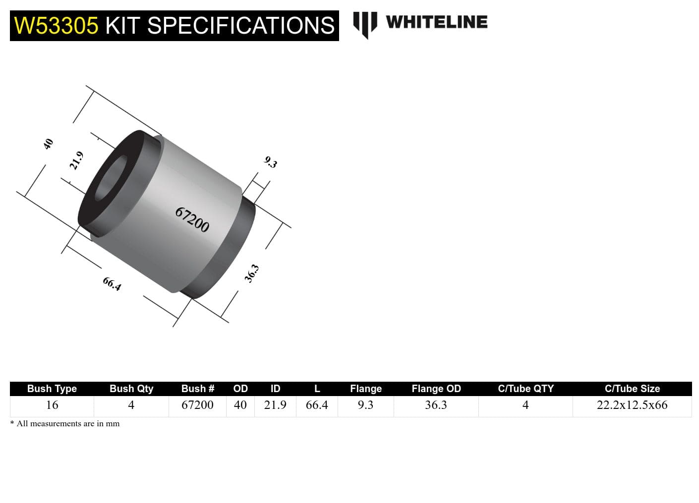 Whiteline 10 x 16 x 26 cm Front Control Arm Upper - Bushing Kit to Suit Toyota HiLux 2005-on and Foton Tunland P201 2wd SR