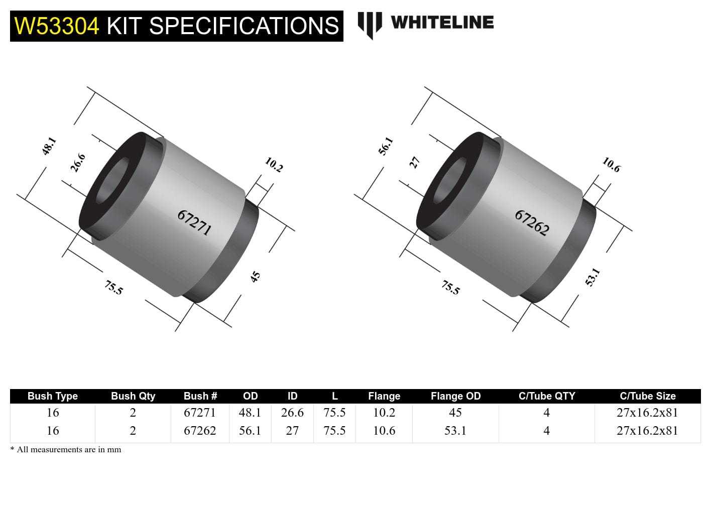Whiteline 10 x 16 x 26 cm Front Cotrol Arm Lower - Bushing Kit to Suit Toyota HiLux 2005-on and Foton Tunland P201 2wd SR