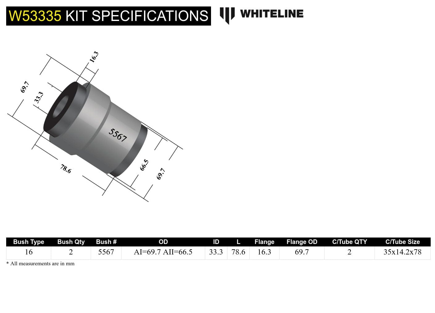 Whiteline 10 x 16 x 26 cm Front Radius Arm Lower - Bushing Kit to Suit Chrysler 300C and Dodge Challenger SR