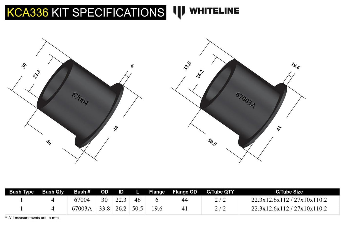 Whiteline 10 x 16 x 26 cm / Performance Alignment - adds +/- 0.5deg camber Front Control Arm Upper - Bushing Kit Double Offset to Suit Nissan 300ZX and Skyline R32 Fwd/Awd SR