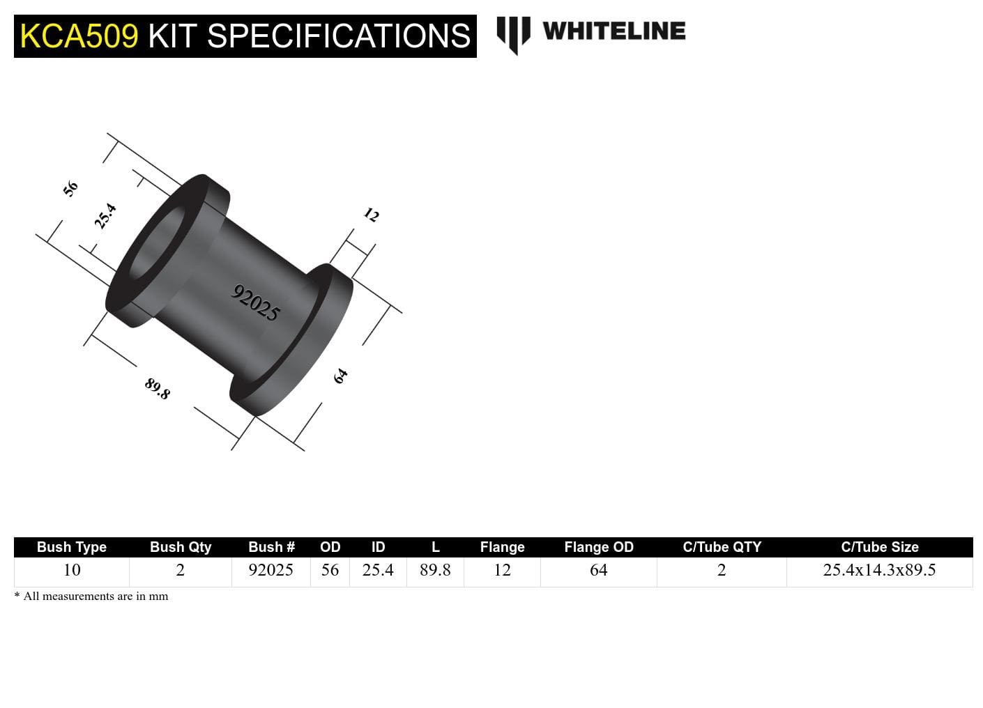 Whiteline 10 x 16 x 26 cm / Performance Alignment - adds +0.6deg camber Front Control Arm Lower - Inner Rear Bushing Double Offset Kit to Suit Toyota HiLux, Prado, 4Runner and Foton Tunland SR