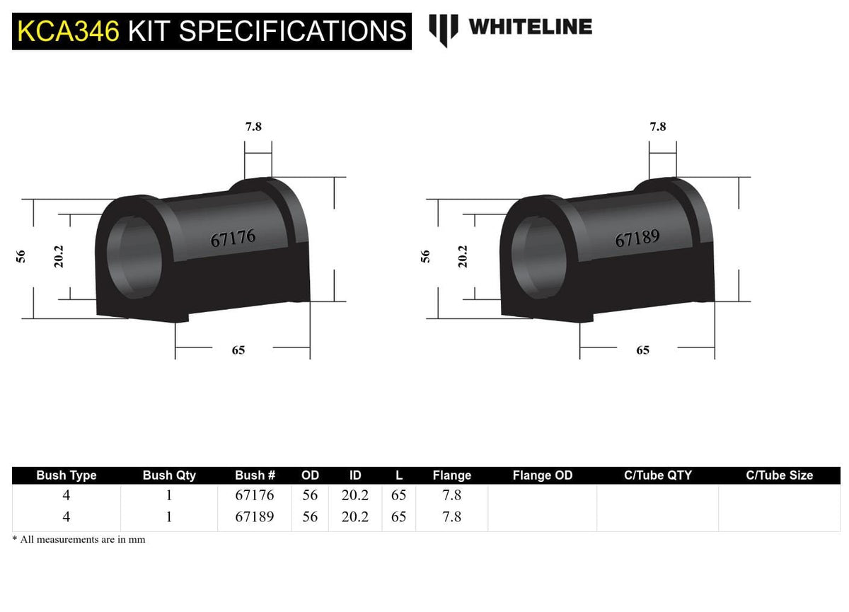 Whiteline 10 x 16 x 26 cm / Performance Alignment - adds +1.0deg caster + anti-lift Front Control Arm Lower - Inner Rear Bushing Double Offset Kit to Suit Holden Astra LD and Nissan Pulsar N13, N14 SR