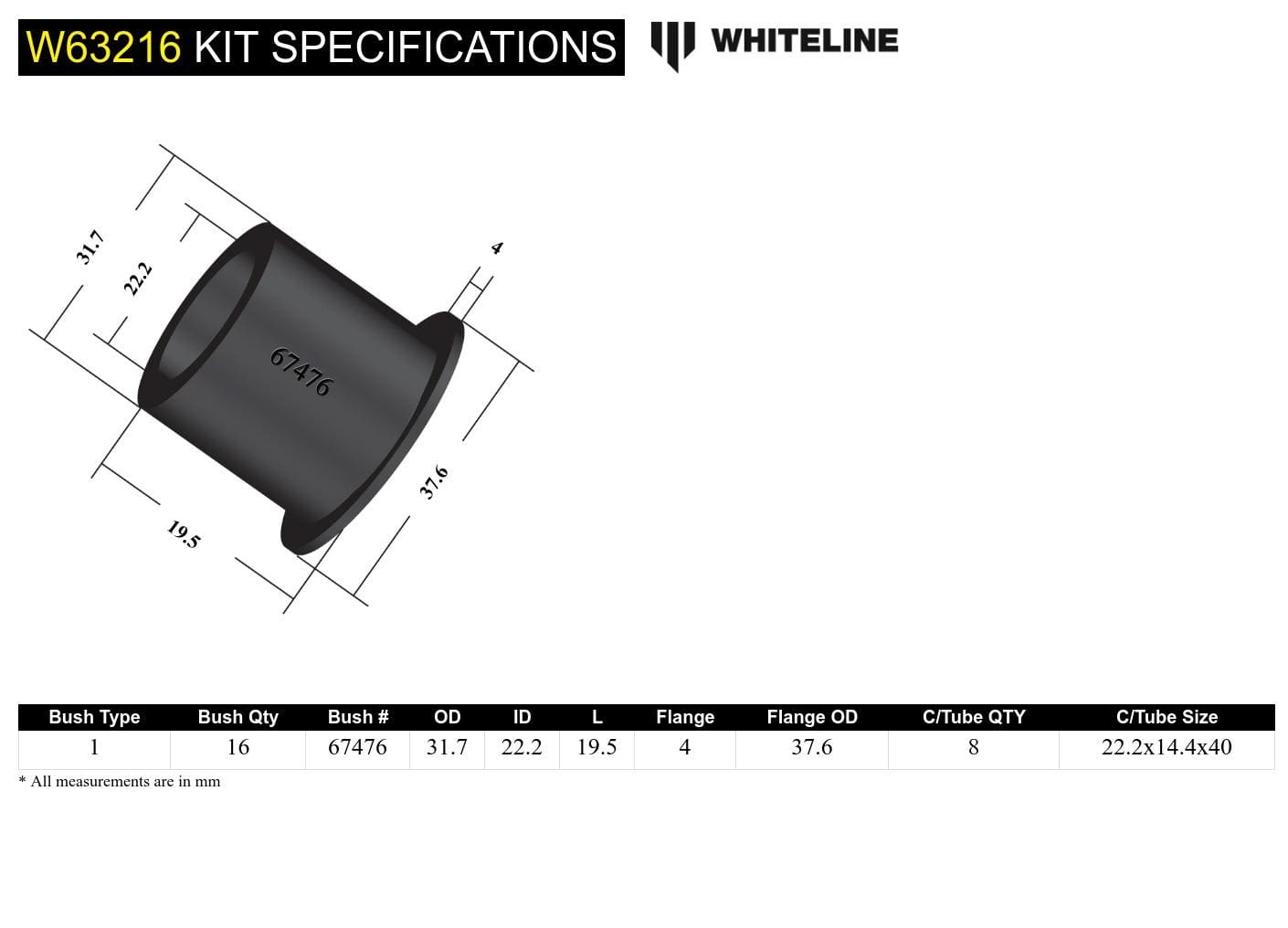 Whiteline 10 x 16 x 26 cm Rear Control Arm Lower - Bushing Kit to Suit Nissan X-Trail T30 SR