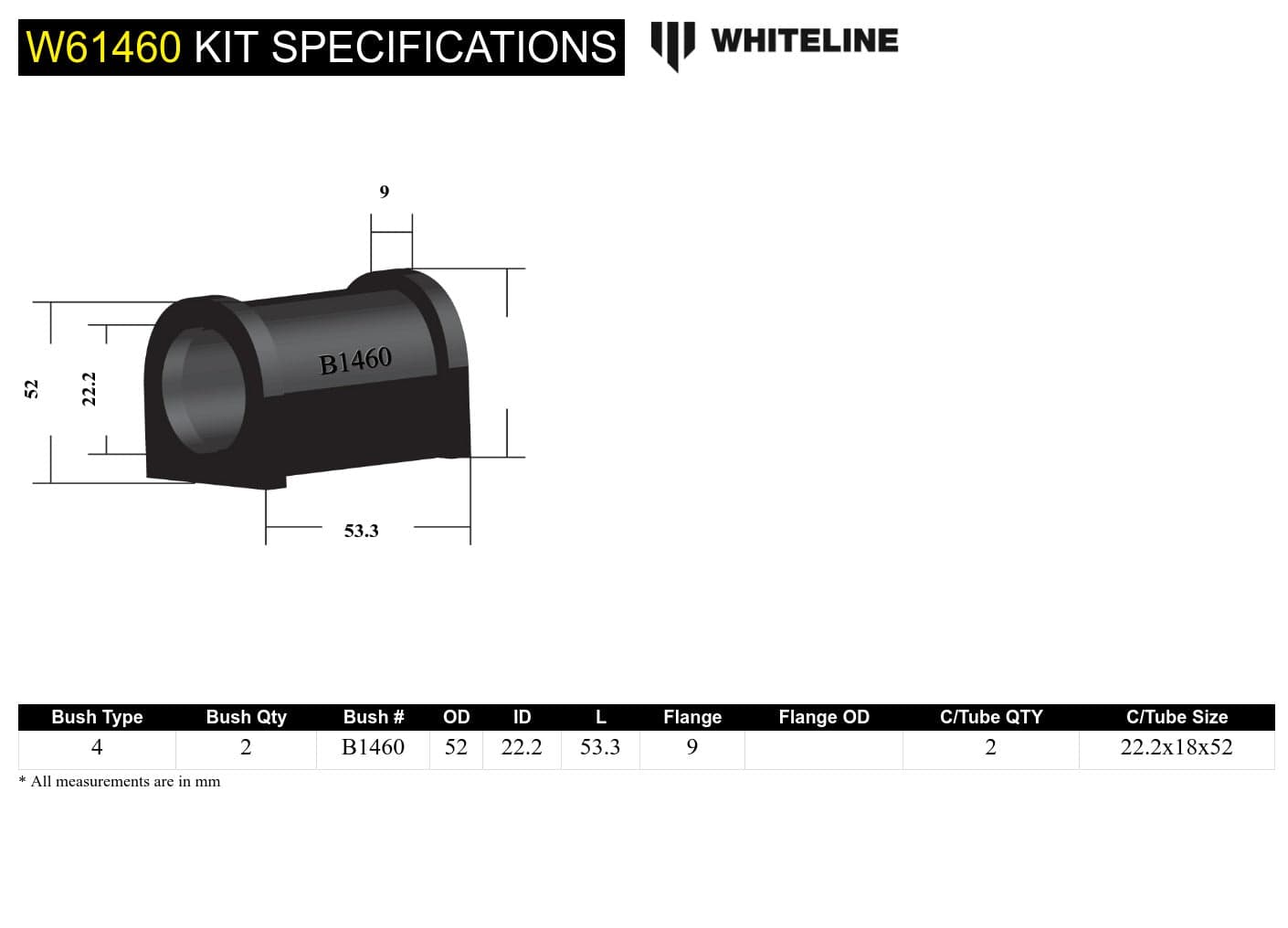 Whiteline 10 x 16 x 26 cm Rear Control Arm Lower - Inner Front Bushing Kit to Suit Holden Barina, Suzuki Cultus and Swift SR