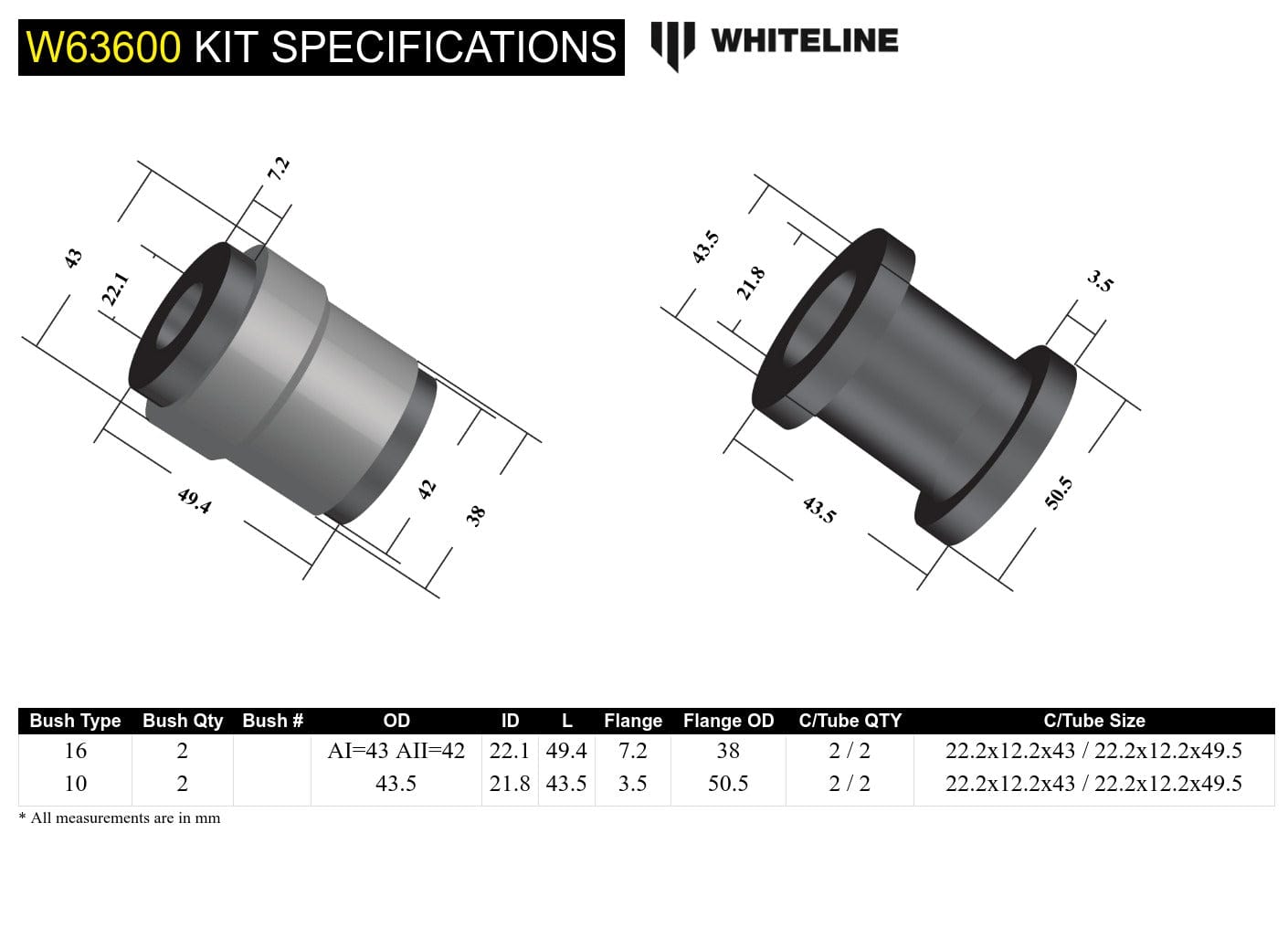 Whiteline 10 x 16 x 26 cm Rear Control Arm Lower Rear - Bushing Kit to Suit Mazda CX-5 KE, KF and Mazda6 GJ,GL SR