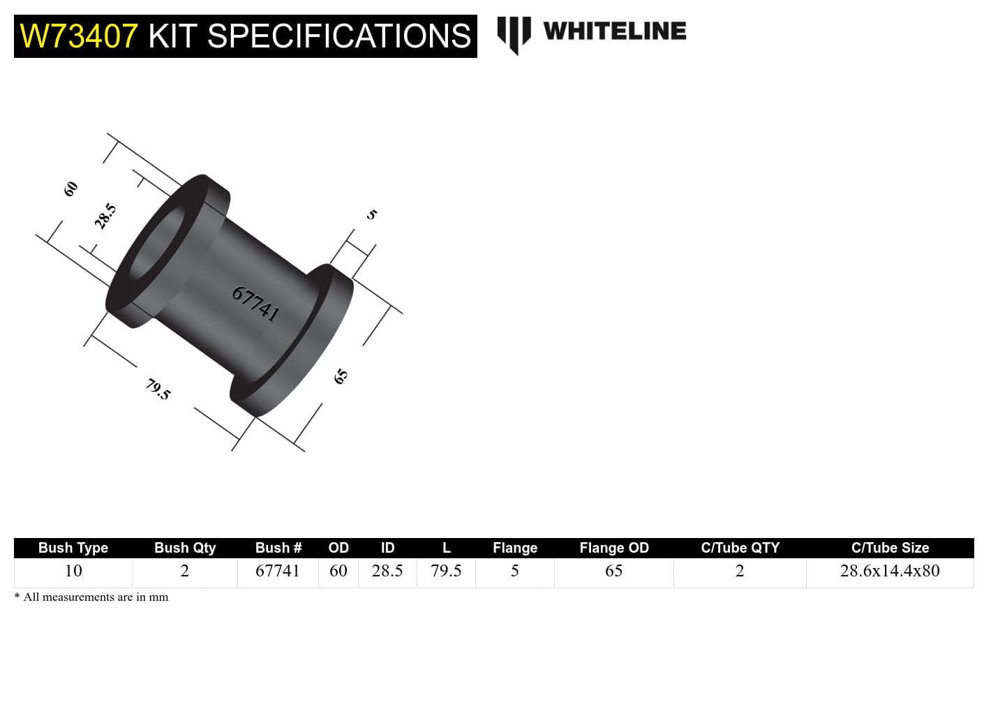 Whiteline 10 x 16 x 26 cm Rear Leaf Spring - Front Eye Bushing Kit to Suit Hyundai iLoad TQ and LDV G10 SV SR