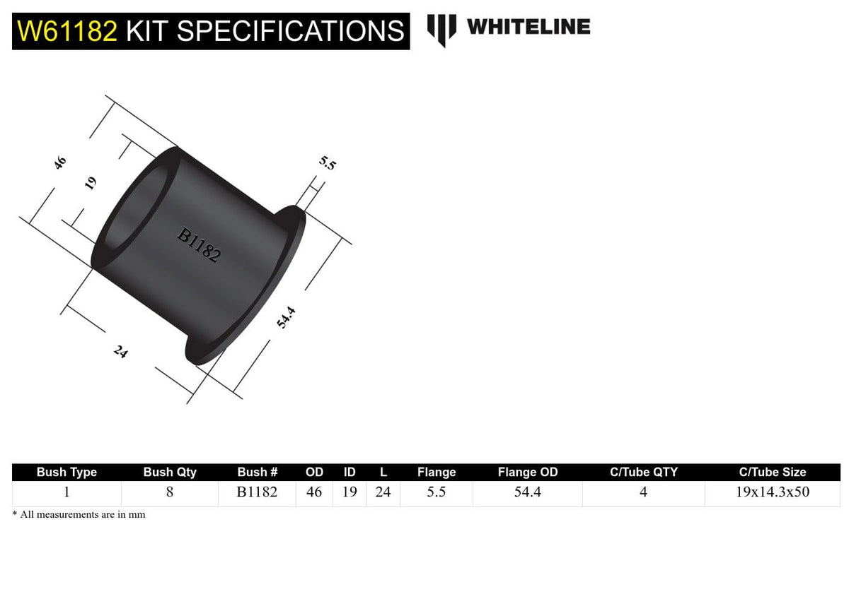 Whiteline 10 x 16 x 26 cm Rear Trailing Arm - Bushing Kit to Suit Toyota Celica, Corona, Cressida and Tarago SR