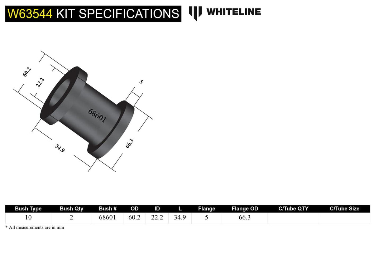 Whiteline 10 x 16 x 26 cm Rear Trailing Arm - Front Bushing Kit to Suit Ford Focus, Mazda3 and Volvo C30, S40 SR