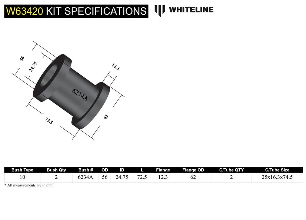 Whiteline 10 x 16 x 26 cm Rear Trailing Arm Lower - Rear Bushing Kit to Suit Mitsubishi Pajero NM-NX SR