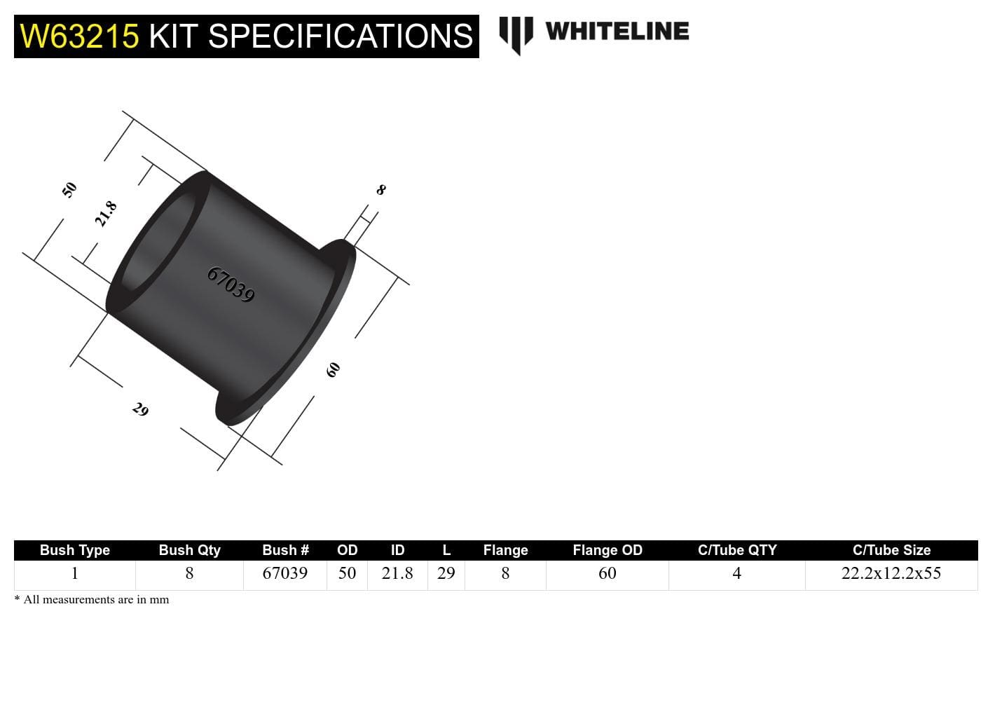 Whiteline 10 x 16 x 26 cm Rear Trailing Arm Upper - Bushing Kit to Suit Toyota FJ Cruiser, Prado and 4Runner SR