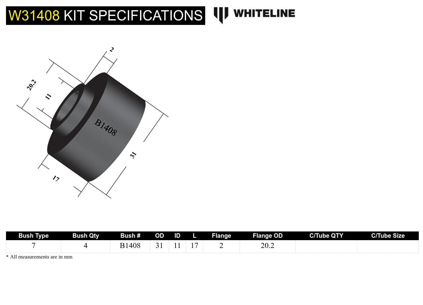 Whiteline 10 x 16 x 26 cm Shock Absorber - Bushing Kit to Suit Ford Cortina, Escort, F Series, Falcon/Fairlane and Toyota Camry SR