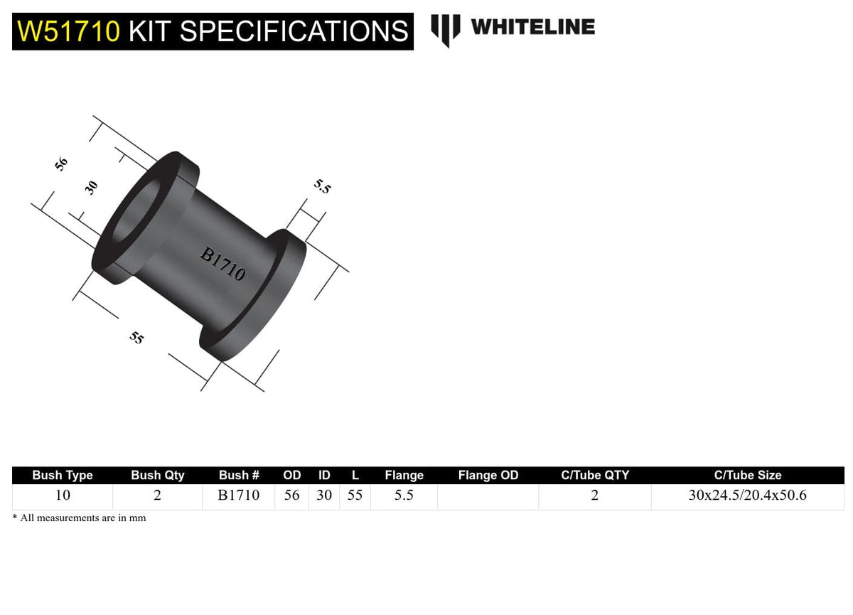 Whiteline 10 x 16 x 26 cm / Standard Alignment Front Control Arm Lower - Inner Rear Bushing Kit to Suit Subaru Forester, Impreza, Liberty and Outback SR