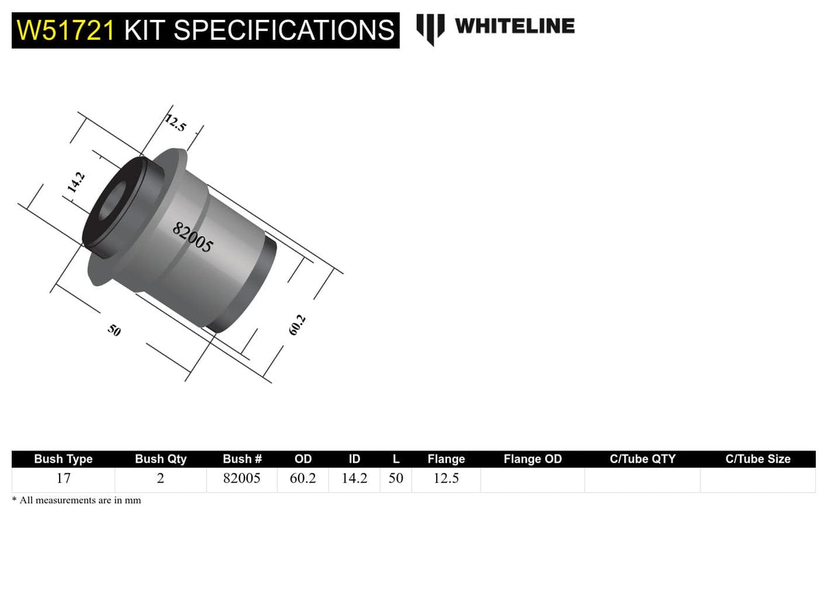 Whiteline 10 x 16 x 26 cm / Standard Alignment Front Control Arm Lower - Inner Rear Bushing Kit to Suit Toyota Camry, Avalon and Holden Apollo SR