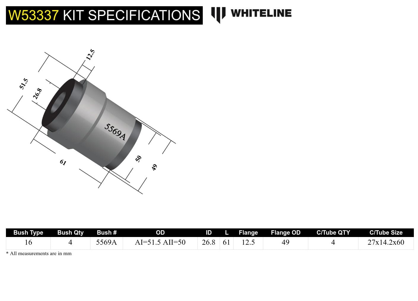 Whiteline 10 x 16 x 26 cm / Standard Alignment Front Control Arm Upper - Bushing Kit to Suit Chrysler 300C and Dodge Challenger, Charger SR