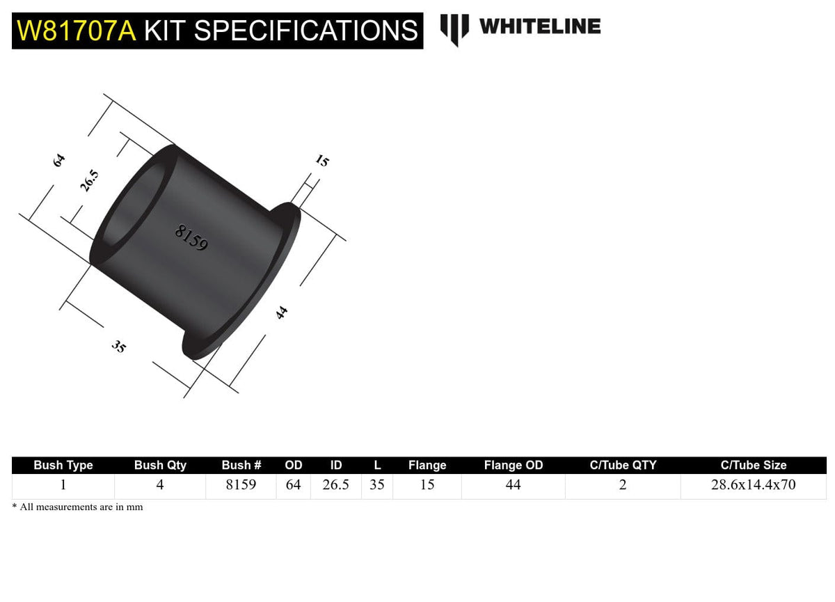 Whiteline 10 x 16 x 26 cm / Standard Alignment Front Strut Rod - To Chassis Bushing Kit to Suit Nissan 180SX, 200SX, 300ZX and Skyline SR