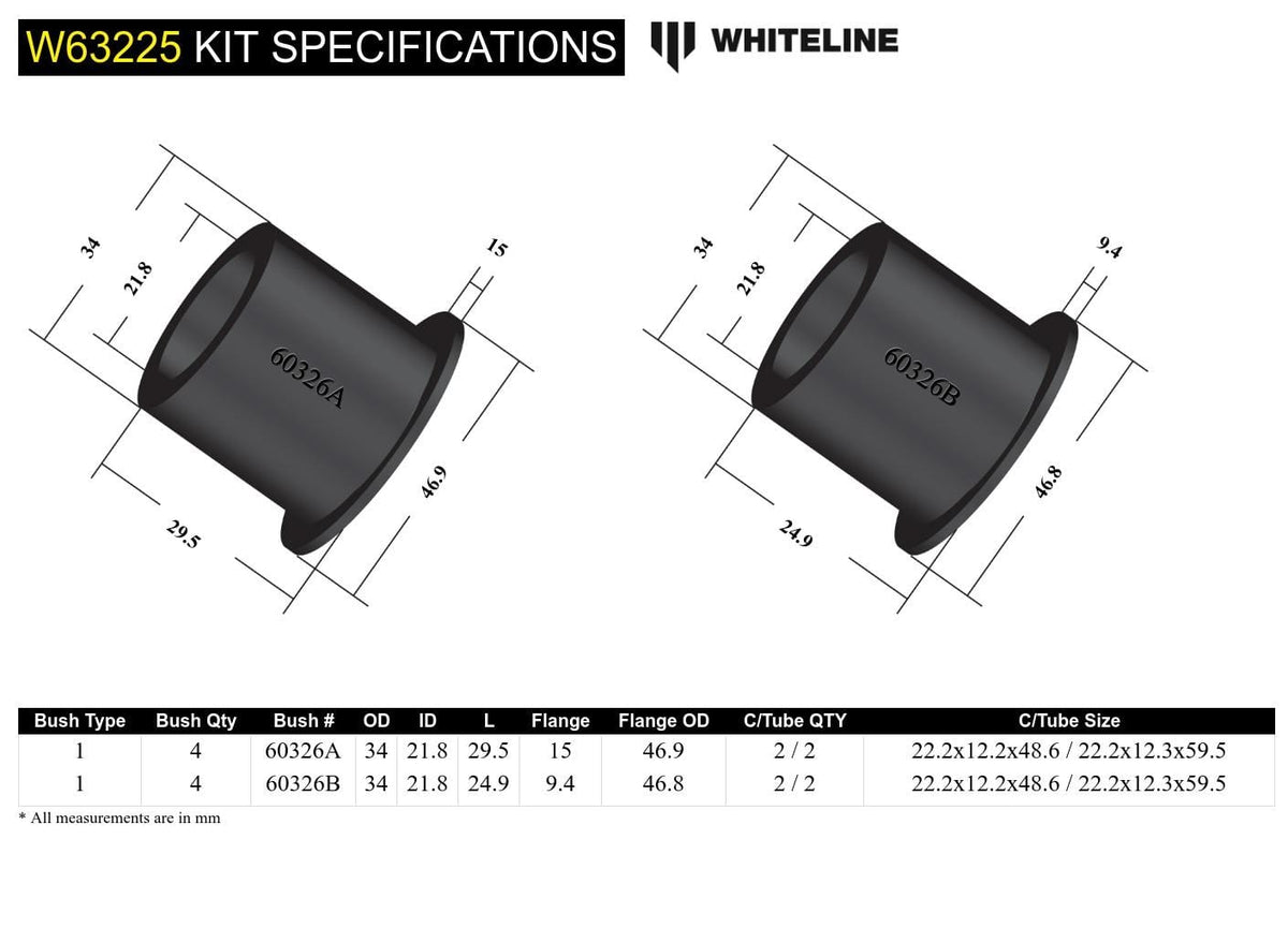 Whiteline 10 x 16 x 26 cm / Standard Alignment Rear Control Arm Upper - Inner Bushing Kit to Suit Subaru BRZ, Forester, Impreza, Levorg, Liberty and Toyota 86 SR