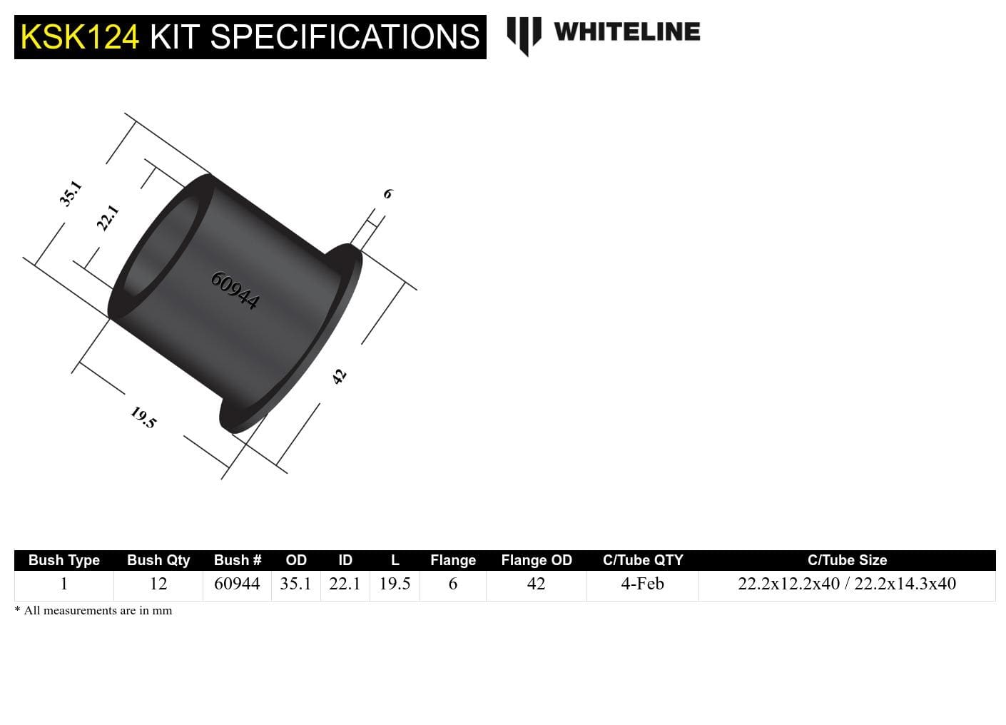 Whiteline 10 x 16 x 26 cm / Suits Whiteline KTA124 Rear Control Arm Lower Front and Rear - Arm Service Kit to Suit Whiteline Control Arms KTA124 SR