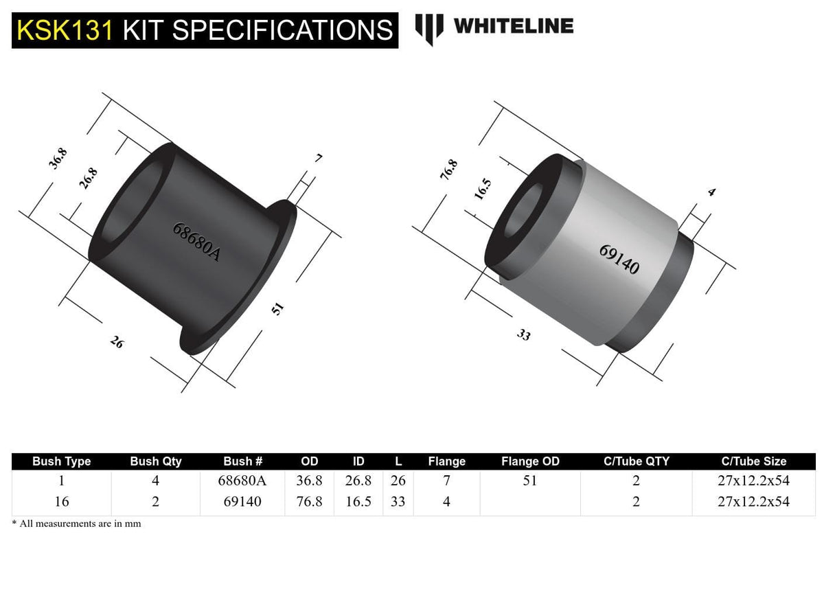 Whiteline 10 x 16 x 26 cm / Suits Whiteline KTA252 Front Control Arm Lower - Arm Service Kit to Suit Whiteline Control Arm KTA252 SR