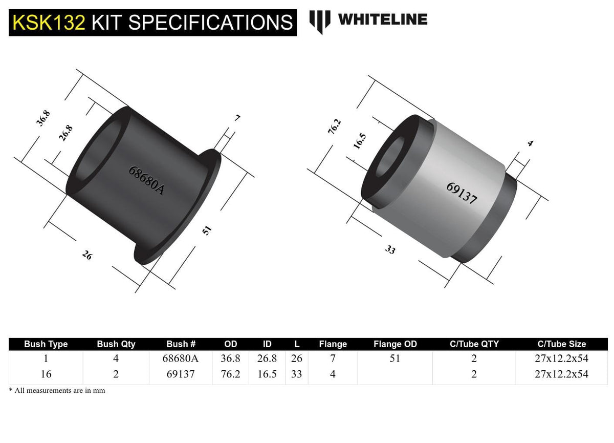Whiteline 10 x 16 x 26 cm / Suits Whiteline KTA262 Front Control Arm Lower - Arm Service Kit to Suit Whiteline Control Arm KTA262 SR
