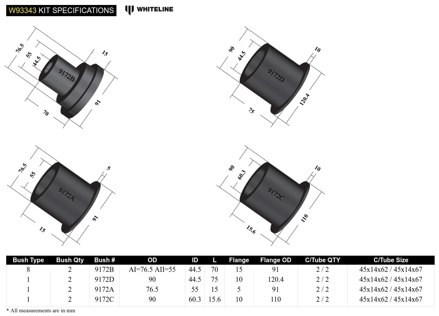 Whiteline 22 x 14 x 19 cm Rear Subframe - Bushing Kit to Suit Chrysler 300C and Dodge Challenger, Charger SR