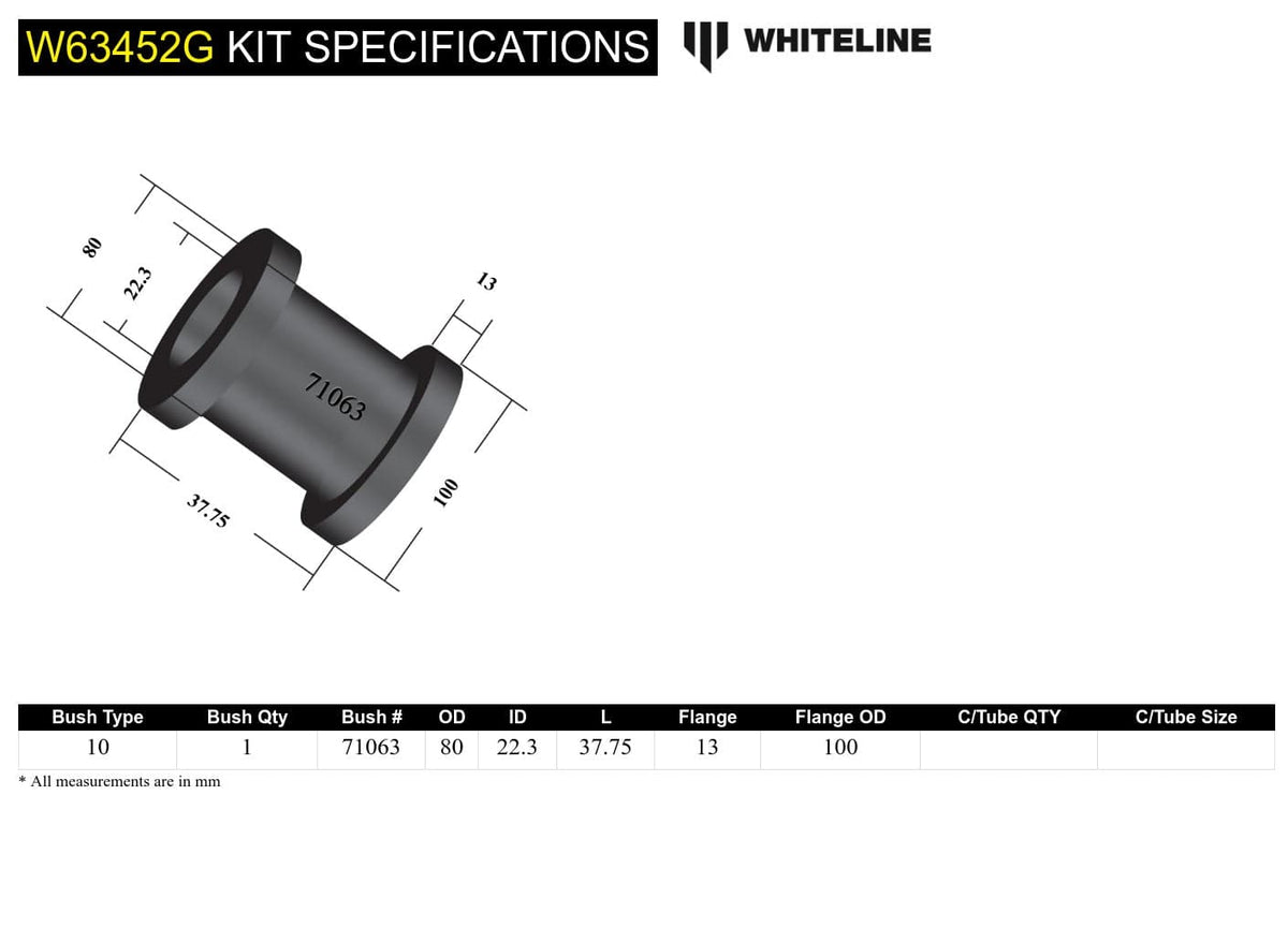 Whiteline 25 x 20 x 10 cm / Single - 80mm OD - fitter friendly design Rear Trailing Arm - Centre Pivot Bushing Kit to Suit Honda Civic, CR-X and Integra SR