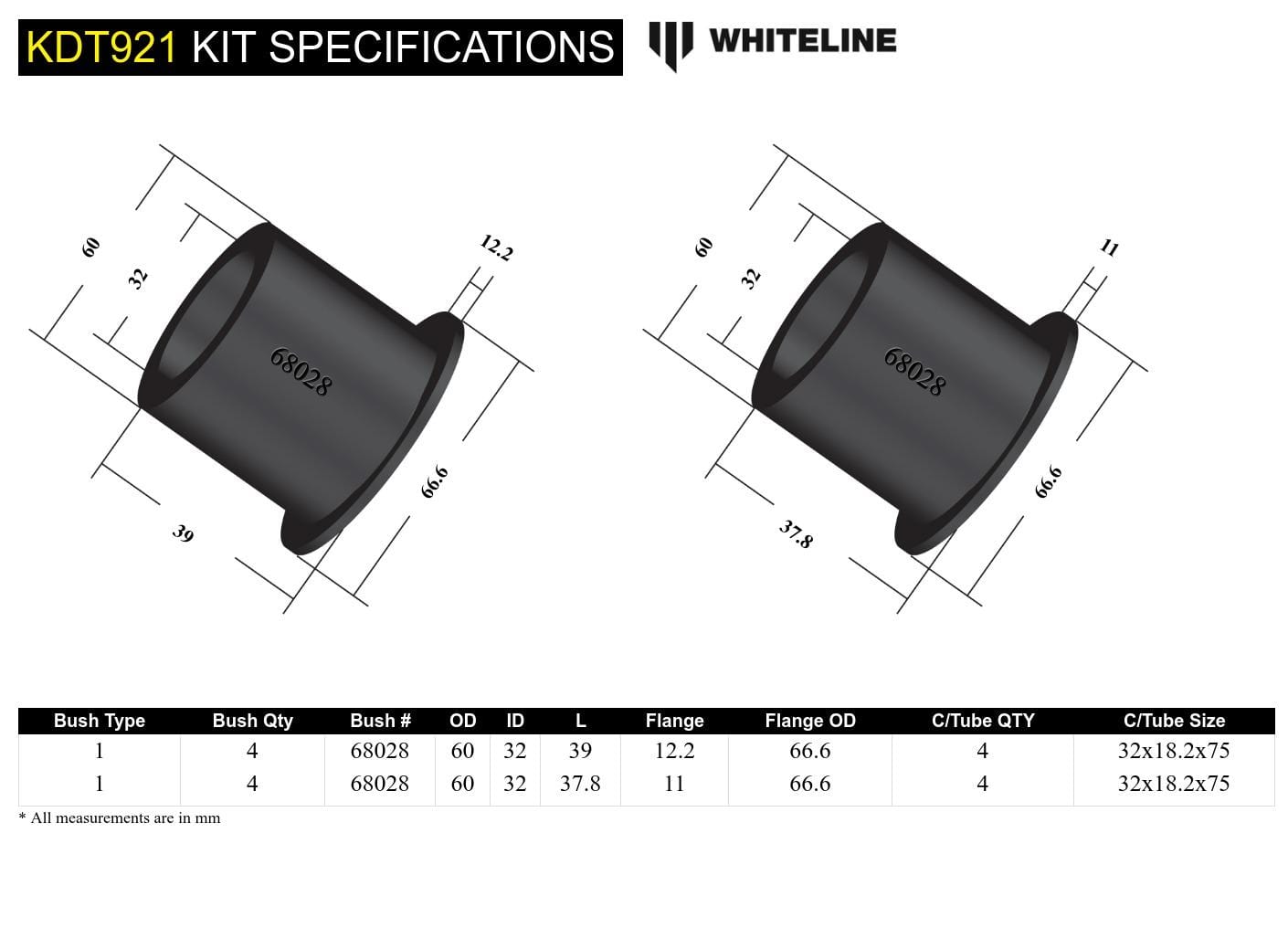 Whiteline 26 x 20 x 10 cm Rear Subframe - Bushing Kit to Suit Subaru BRZ and Toyota 86 SR