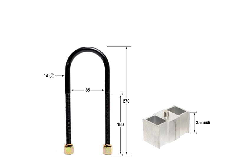 Whiteline 40 x 20 x 10 cm / Block = 63mm, Pin = 13mm, Hole = 16mm Tapered, U Bolt = M14x85mm Rear Lowering Block - Kit 2.5" to Suit Holden Rodeo and Nissan Navara SR