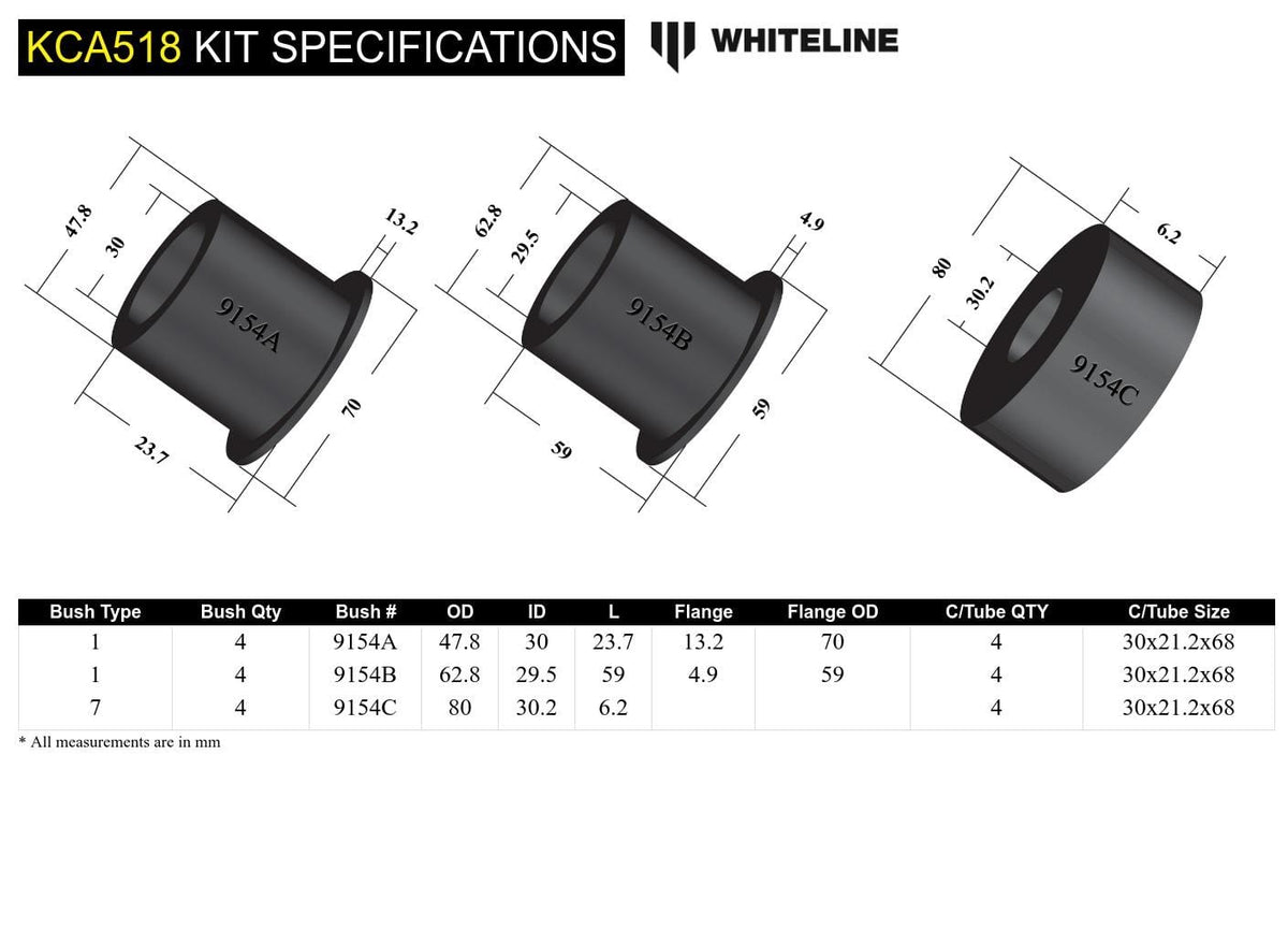Whiteline 40 x 20 x 10 cm / Installs into original shell Rear Subframe - Bushing Kit to Suit Nissan 180SX, 200SX and Skyline SR