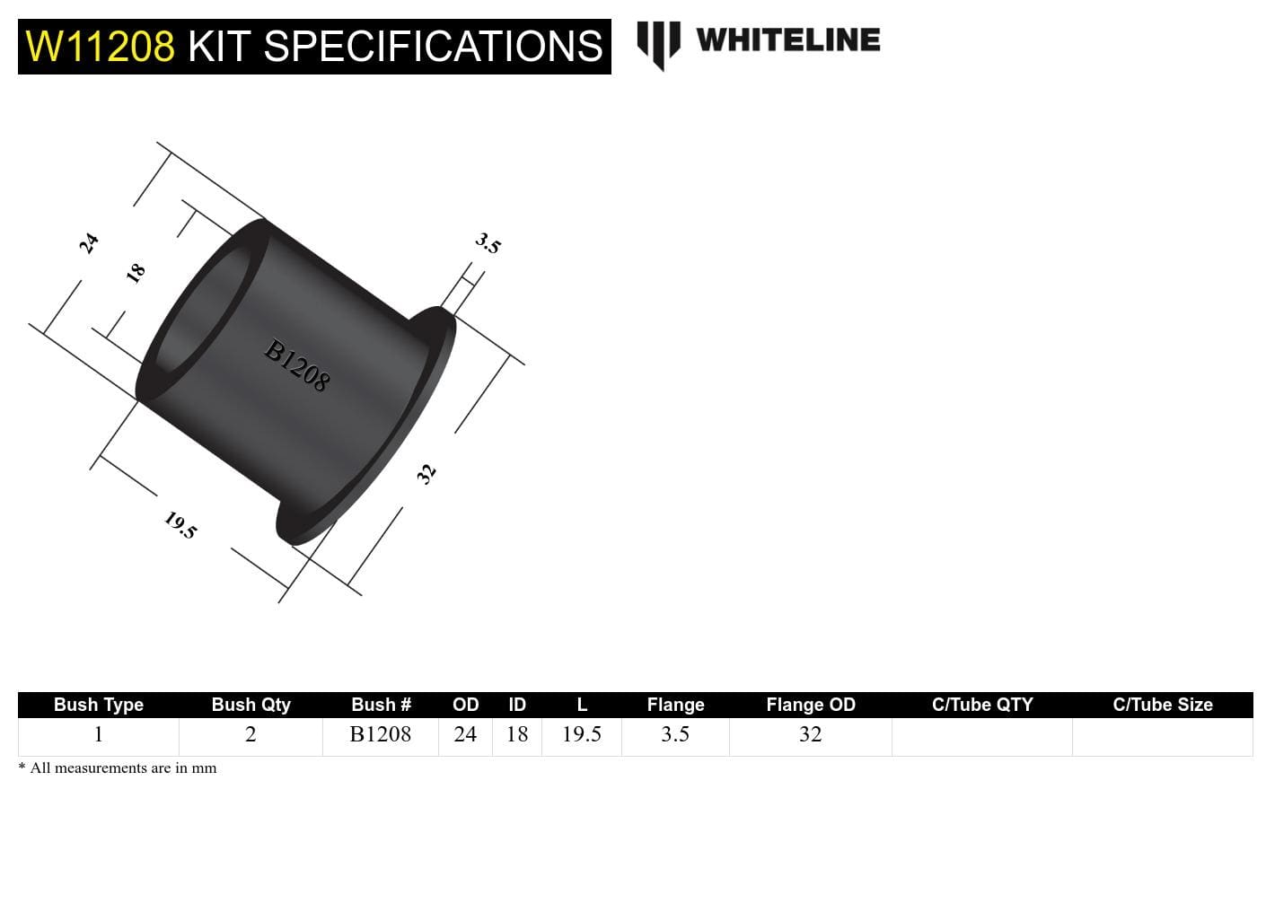 Whiteline 7 x 14 x 20 cm / 18mm ID Front Steering Idler Arm - Bushing Kit to Suit Toyota HiLux, 4Runner, Celica, Corolla and Cressida SR
