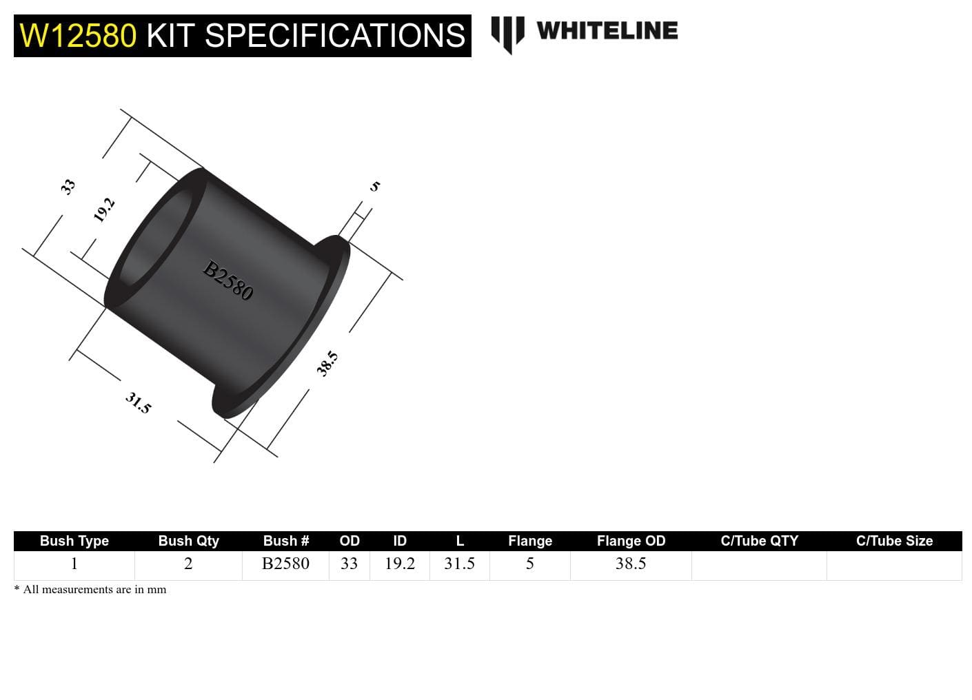 Whiteline 7 x 14 x 20 cm / 24mm OD, 19.4mm ID - suits models 08/1991 - on Front Steering Idler Arm - Bushing Kit to Suit Toyota HiLux and 4Runner SR